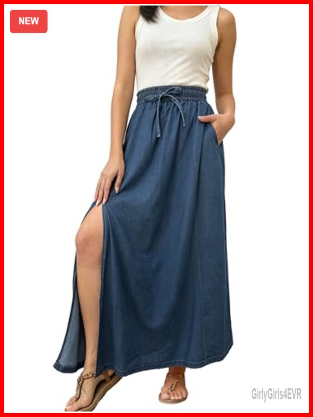 Lyocell Blend Maxi Skirt High Elastic Waist Flowy A-Line Split Hem Pockets
